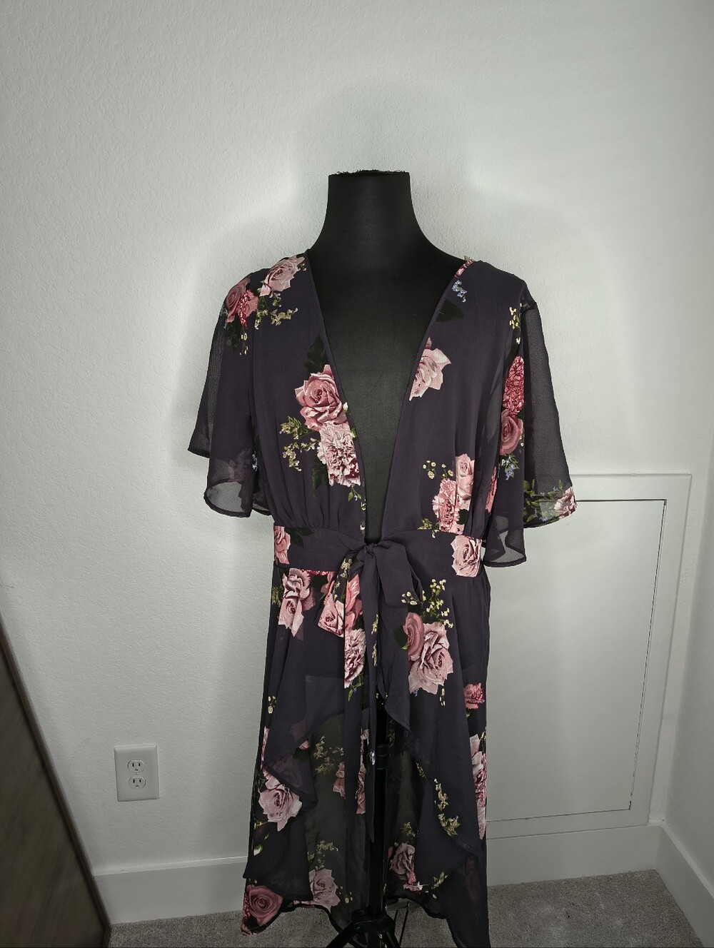Live 4 Truth Black Sheer Floral Kimono with Pink Roses 1x, 2x,3x